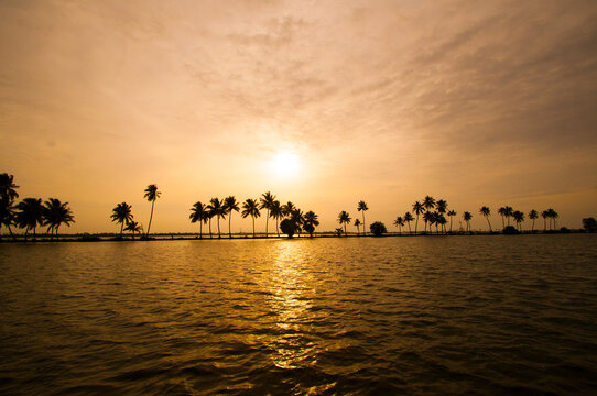 Sunset at the backwaters of Alleppey, Kerala, India.