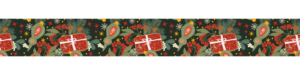 Vector christmas border pattern with gigt cookie, winter berry and snowflakes. cototeaster and christmas cookies seamless border, tape and scrapbooking element. Seamless border with xmas icons. © ZhumaStudio