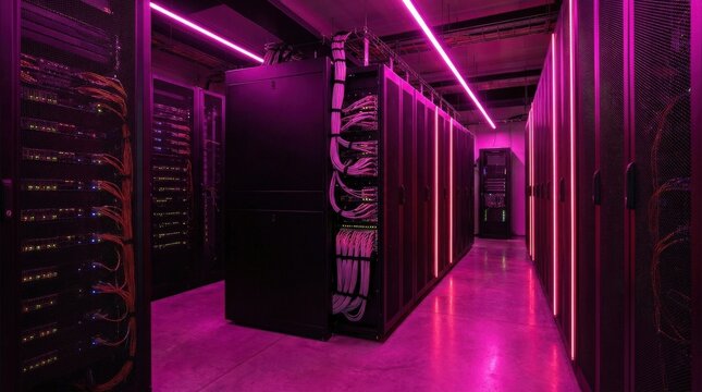 Dark technology data center with telecom server racks illuminated by pink neon light, clean professional composition, scientific or technology context, realistic detail, sharp focus, soft light,