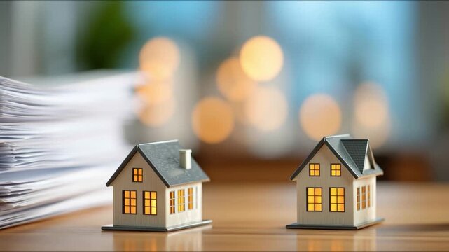 House models and stacked legal documents for adverse possession rights concept