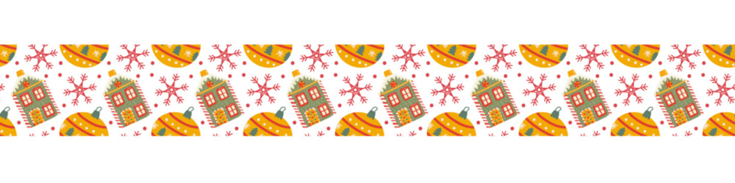 Seamless border with christmas cookies houses and ornaments, snowflakes. Christmas border pattern isolated with festive elements, xmas tape for gifts.