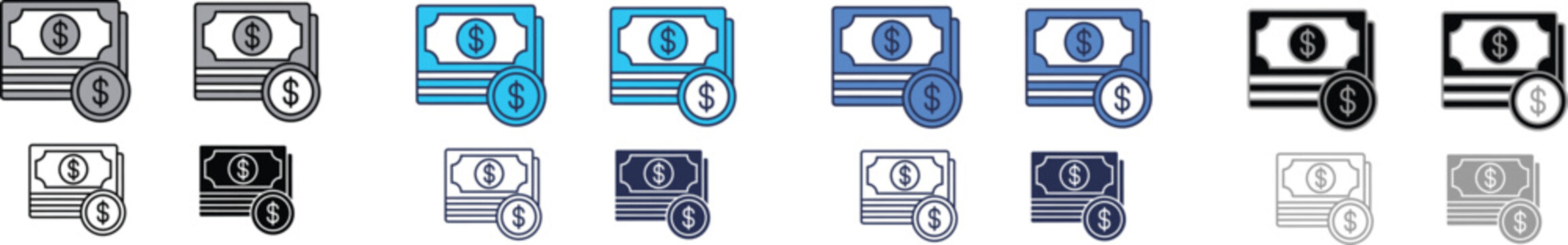 Money icon set with dollar bills and coins flat and line art styles currency investment exchange business commerce accounting financial illustration collection