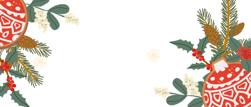 Botanical christmas border frame with holly berry, snowberries, spruce branches, gingerbread cookies, and ornaments. Festive winter celebration template for greeting cards and invitations.