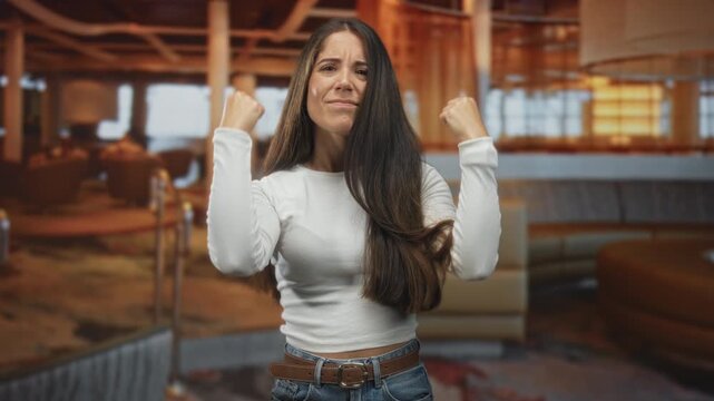 Woman showing palms up shrug and flipping middle fingers in airport lounge; defiance boldness resolve.