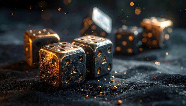 Close up of dark metal dice with gold pips, sharp edges and bokeh lights