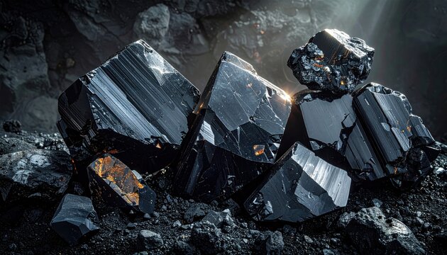 Close up of sharp, dark obsidian mineral crystals with light reflections