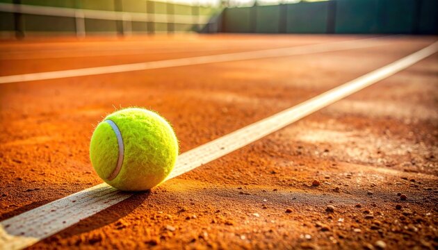 Close-up of a tennis ball resting on the white line of a clay court