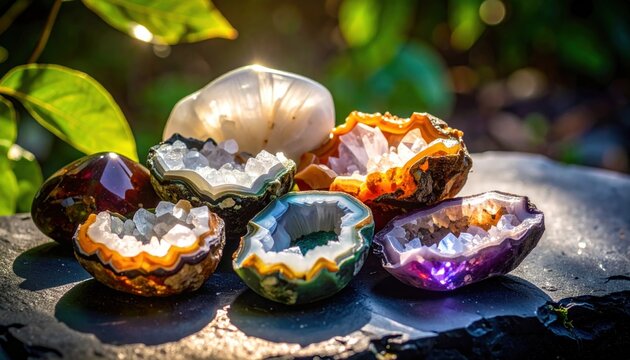 Collection of vibrant, polished agate geode slices with crystal interiors catching sunlight