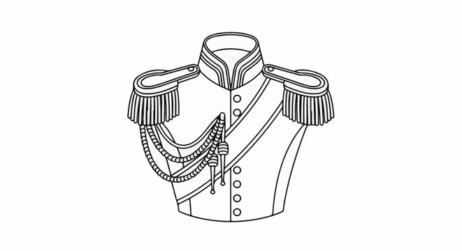 Detailed black and white illustration of an ornate military jacket with epaulets and aiguillettes