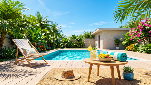 Tropical poolside setup with lounge chair, fresh lemonade and fruit bowl on wooden table. Relaxing summer vacation scene in lush garden with palm trees and blue swimming pool