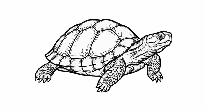 Detailed black and white drawing of a tortoise walking