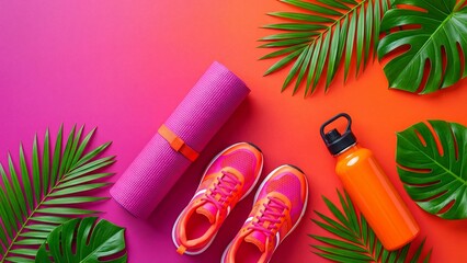 Rolled yoga mat with running shoes and water bottle among tropical leaves on vibrant gradient background. Fitness essentials flat lay for healthy lifestyle and workout motivation