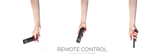Hand holding audio and television remote control isolated on white background. Cliping Path. © Рудой Максим