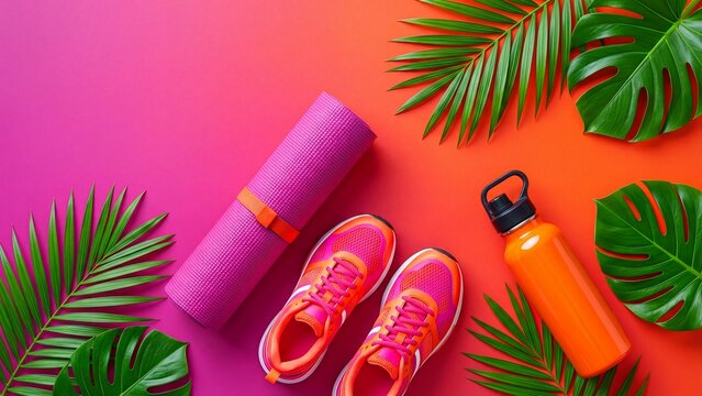 Rolled yoga mat with running shoes and water bottle among tropical leaves on vibrant gradient background. Fitness essentials flat lay for healthy lifestyle and workout motivation