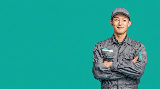 作業服の男性、腕組み