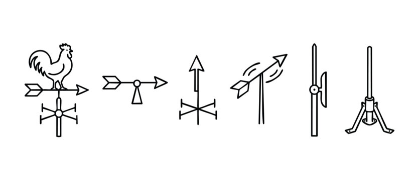 Weather Vane Icon Set Vector Illustration, Wind Direction Indicators and Rooster Anemometer Collection for Meteorological Design, Minimalist Outline Graphic Symbols Isolated on White Background