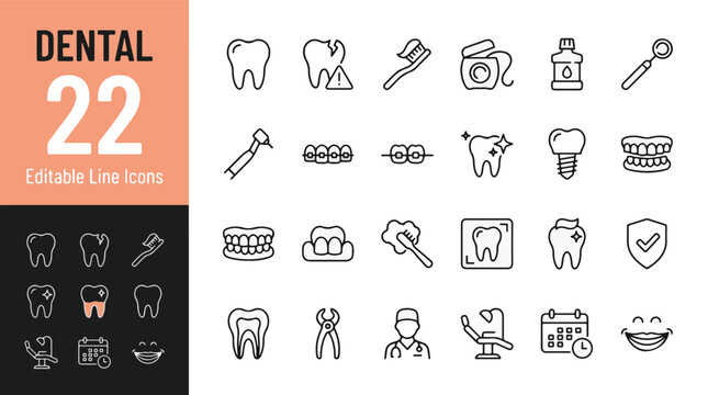 Dental Line Editable Icons set. Vector illustration in a modern thin line style of dentistry related icons: tooth, braces, dental implant, toothbrush, oral hygiene