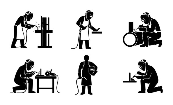 set of industrial welding silhouettes in black and white