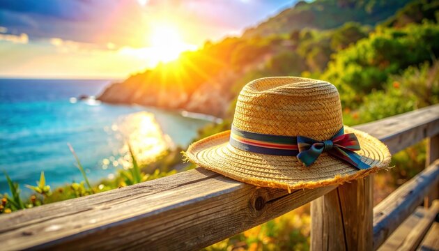A woven raffia straw hat with a colorful striped ribbon rests on a wooden railing overlooking a sun-drenched coastal landscape.