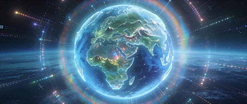 Holographic Digital Human Interface Holographic interface glowing globe in digital space with earth, futuristic network communication, rainbow light, virtual world sphere, and vibrant world map