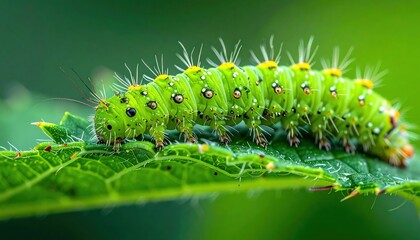 Fototapeta premium An extremely detailed close-up of a fuzzy green caterpillar with yellow markings crawling on a vibrant green leaf