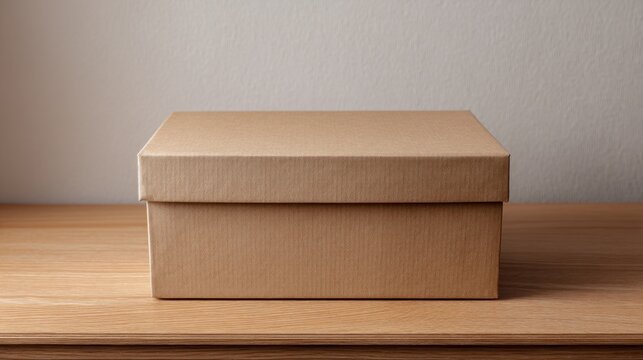 A plain, unopened brown rectangular box sits centered on a light-colored wooden surface, with a neutral wall backdrop