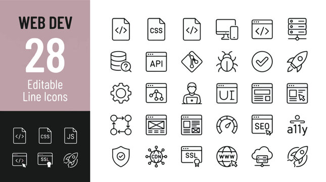 Web Development Line Editable Icons set. Vector illustration in modern thin line style of programming related icons: html, css, js, api, git, seo, ssl, ui, ux, and more. Isolated on a plain background
