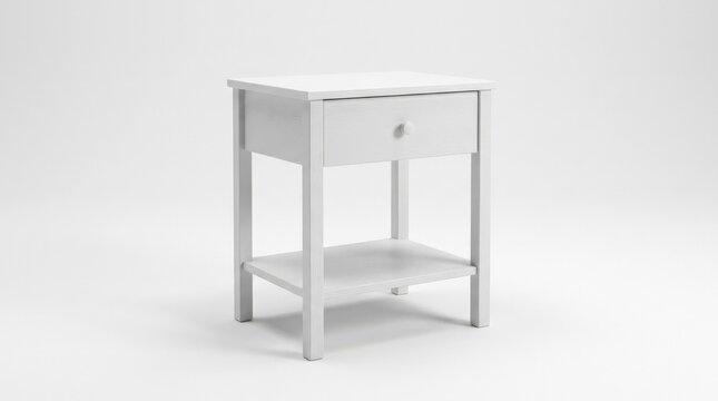 A white wooden nightstand with one drawer and a lower shelf on a plain white background, simple home furniture styling with soft studio shadows, ultra-realistic, no logos.