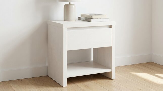 A clean white bedside table with a single drawer and lower shelf against a white wall, minimal interior design with crisp product lighting, ultra-realistic, no logos.