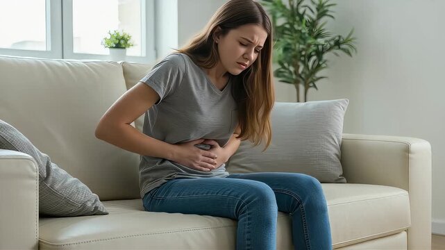 A young woman enduring a stomach ache on a sofa.