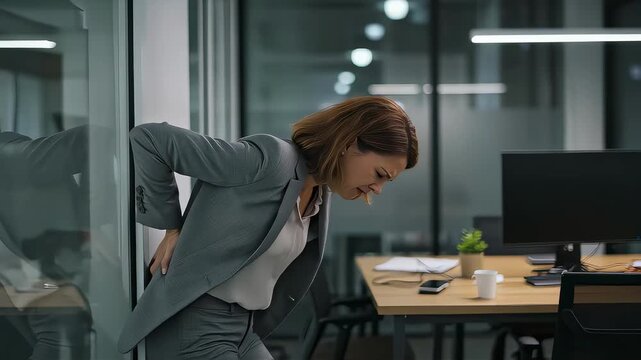A woman leans against a wall in an office, clutching her lower back.