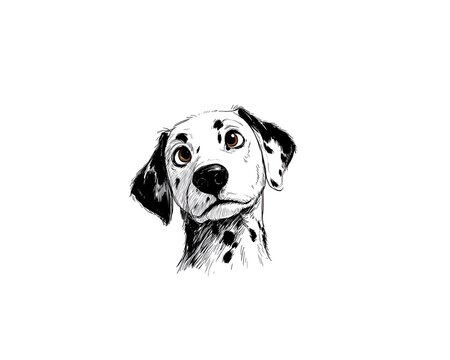 A cute dalmatian puppy head with unique black spots is creatively sketched with artistic shading on a clean white digital background.