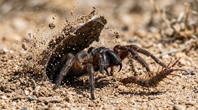 Furry Funnel-Web Spider Erupts from Dirt Burrow to Confront a Centipede
