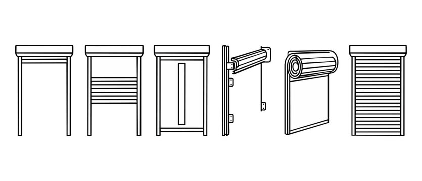 Roller Shutter Icons Set, Window Security Blinds Outline Collection, Metal Shutter Mechanism Diagram, Exterior Home Protection Symbols, Modern Architectural Hardware Vector Illustration Design Element