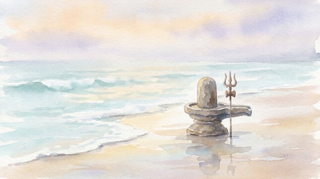 A stone shiva lingam with a trident placed on a serene sandy beach by the ocean shore