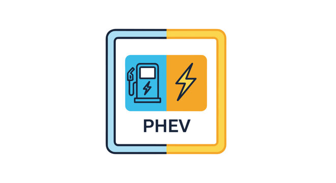 PHEV icon for plug-in hybrid electric vehicles showing a fuel pump and a lightning bolt symbol for eco friendly transport.