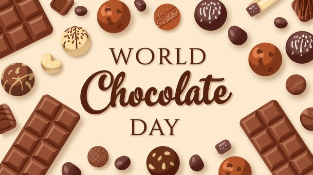 World chocolate day greeting card with various delicious chocolate bars and sweet truffle candies arranged on a soft light green background