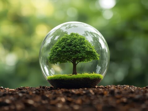 Small green tree growing inside a clear glass globe sphere in a sunny forest