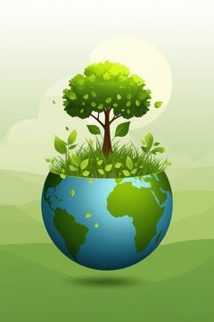Green tree growing on top of planet earth globe representing nature conservation ecology and sustainable environmental protection concept illustration