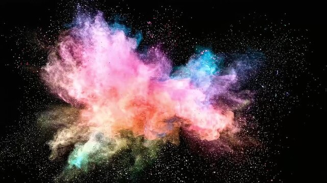 Abstract video of a colorful powder explosion where various colors mix together.