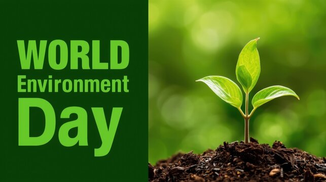 World environment day concept with a small green plant growing from dark soil against a soft nature background for ecological awareness