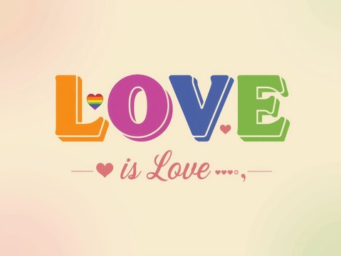 Colorful love is love text design with pride flag heart symbol for lgbtq support and equality celebration on a soft pastel background