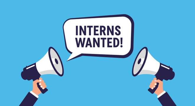 Marketing graphic with two megaphones announcing interns wanted in a speech bubble on a solid blue background for recruitment.