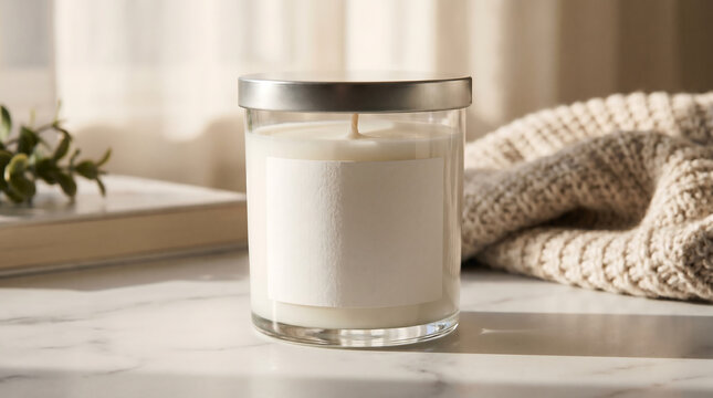 A mockup of a white candle in a glass jar with a silver lid on a marble table next to a book and a knitted blanket