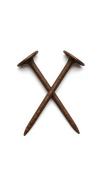 Two old rusted metal nails crossed together on a flat surface