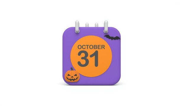 3d halloween calendar icon with pumpkin and bat for october 31 date