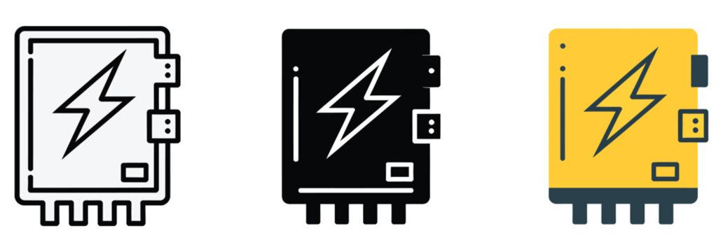 Electrical panel icon set, circuit breaker and power distribution box symbols, industrial energy control and electricity management pictogram collection, electrical system safety and control vector