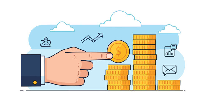 Businessman hand adding a golden coin to a stack of coins against a blue sky background with clouds and financial icons.
