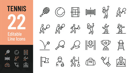 Tennis Line Editable Icons set. Vector illustration in a modern thin line style of tennis sport icons: racket, ball, court, net, serving player, trophy, umpire chair, and more. Isolated on background. © Jason