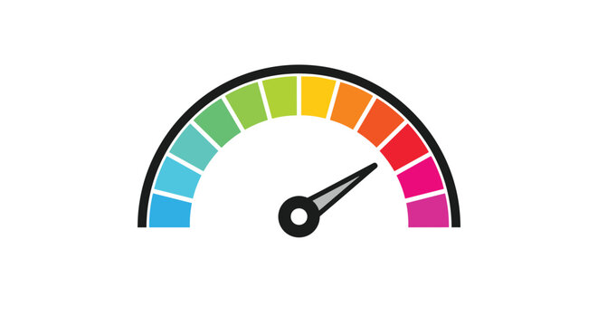 Colorful rainbow speedometer or performance gauge with a grey needle pointing to a high level on a white background.